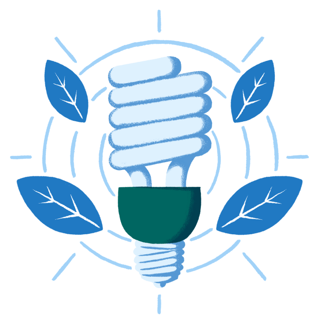 Illustrazione di una lampadina ad alta efficienza energetica circondata da foglie che rappresenta il nostro impegno per un impatto ambientale positivo.