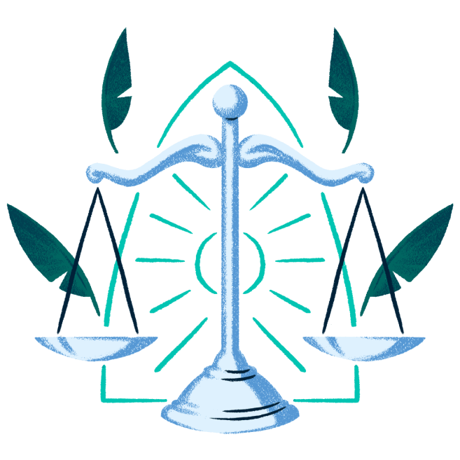 Illustrazione della bilancia della giustizia perfettamente in equilibrio, che rappresenta il nostro impegno verso pratiche e processi etici.