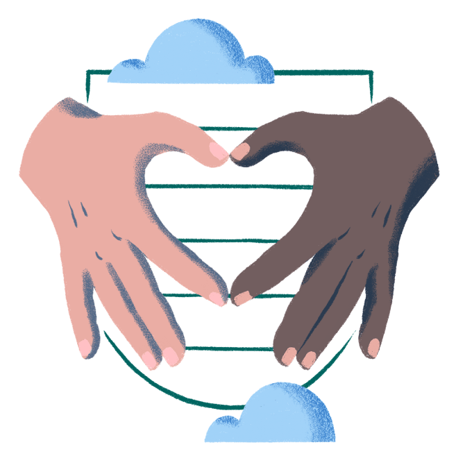 Ilustración de dos manos con diferentes tonos de piel que forman un corazón, lo que representa nuestro compromiso con lograr un impacto social positivo a través de la diversidad y la filantropía.