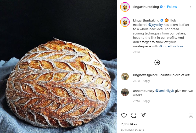 Instagram post by Kingarthurbaking of freshly baked bread